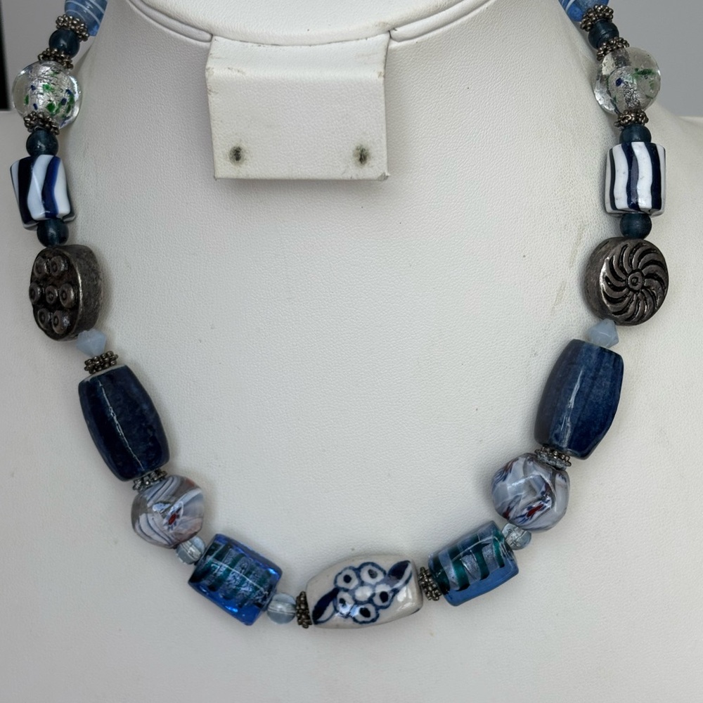 Vintage Venetian Foil Glass Blue Beaded Necklace- everyday- special occasion
